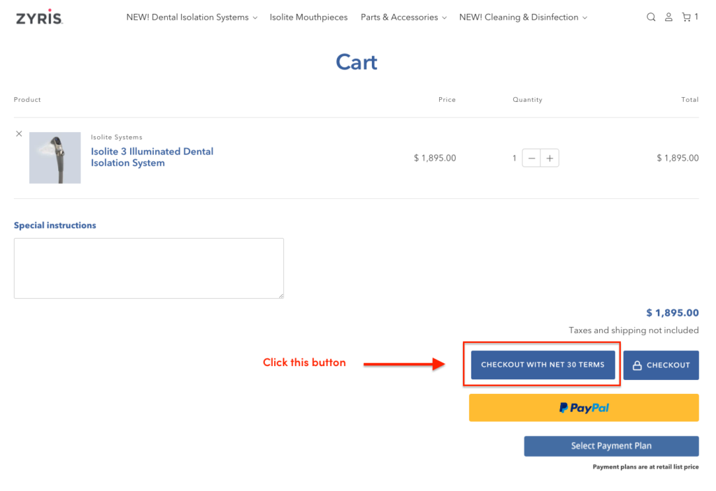 Zyris Net 30 Terms Checkout